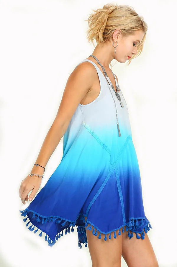 Boho Sleeveless Ombre Dress with Tassel Trim