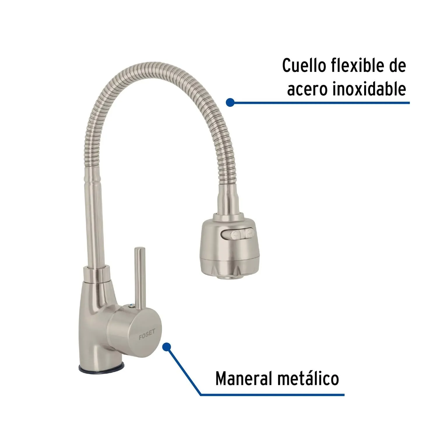 Monomando para fregadero con cuello flexible, satín, Tubig, Foset 47387