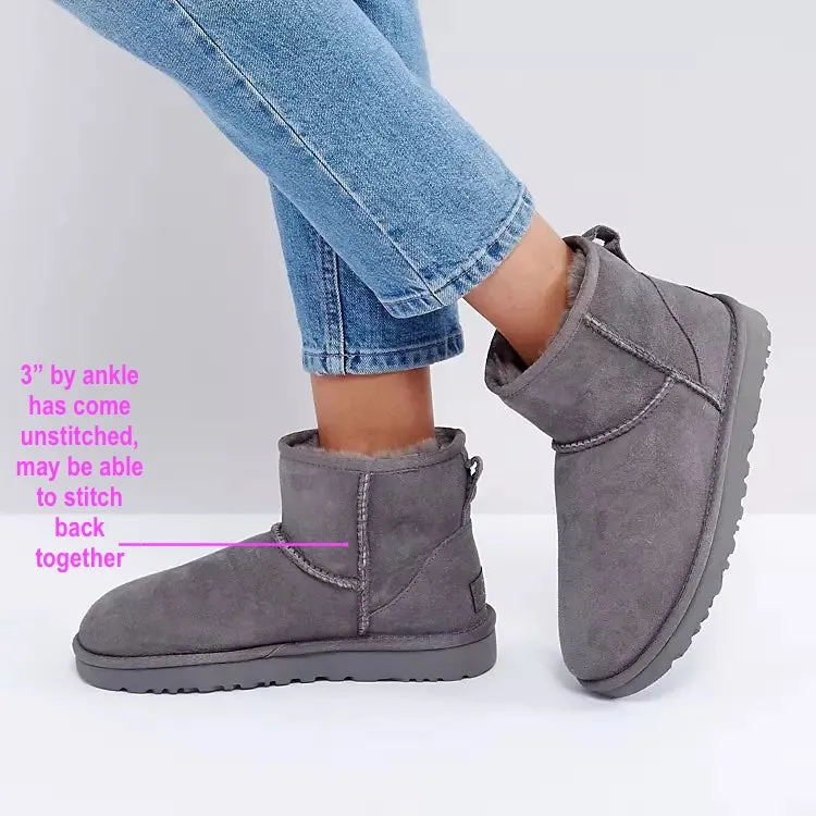 New UGG Women's Classic Mini II Graphic Logo Boots Grey, Sz 6! NOTE: Inner side of Left boot 3" stitch has come apart by ankle, may be able to stitch together! Retails $200 