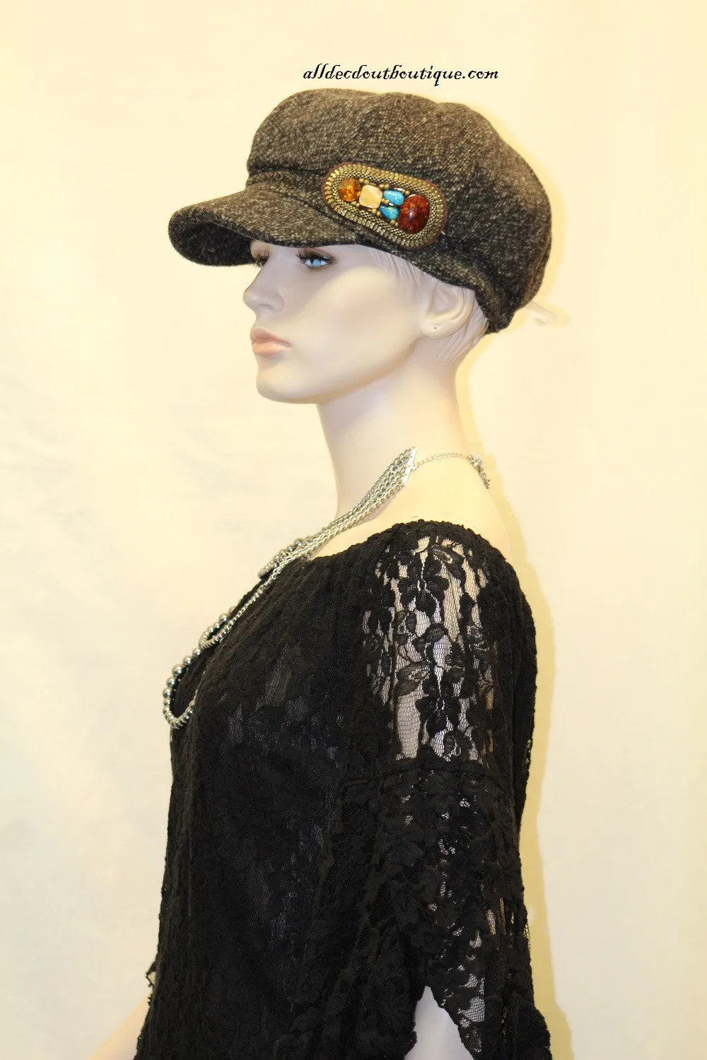 Newsboy Hat | Charcoal with Left Side of Hat Grouping of Stones and Crystals