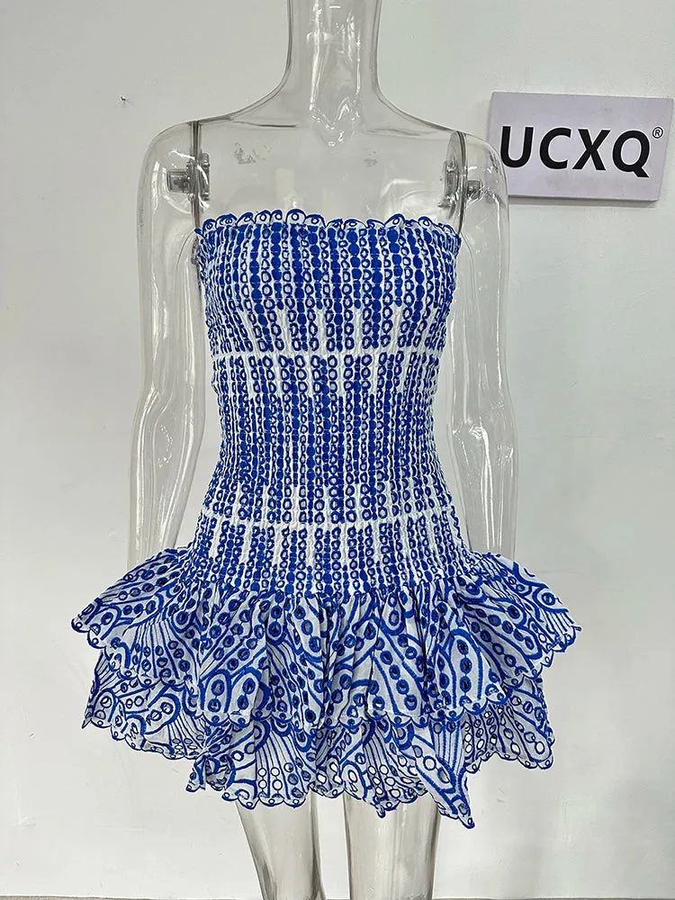 Retro Blue Printed Hollow Out Design Strapless Dress