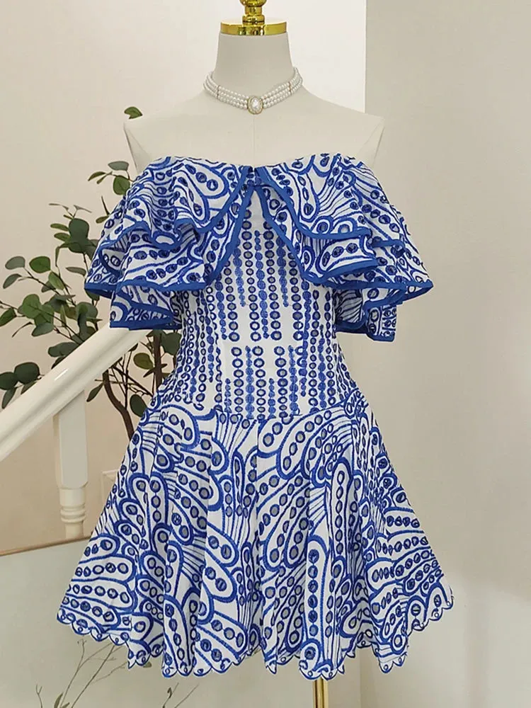 Retro Blue Printed Hollow Out Design Strapless Dress
