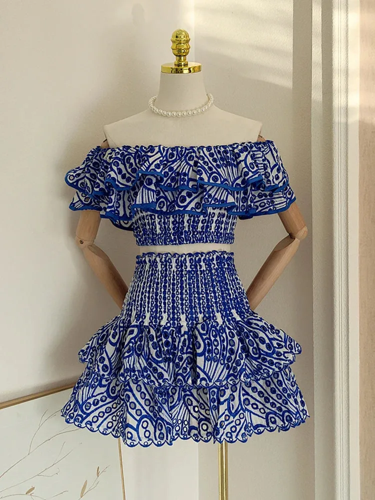 Retro Blue Printed Hollow Out Design Strapless Dress