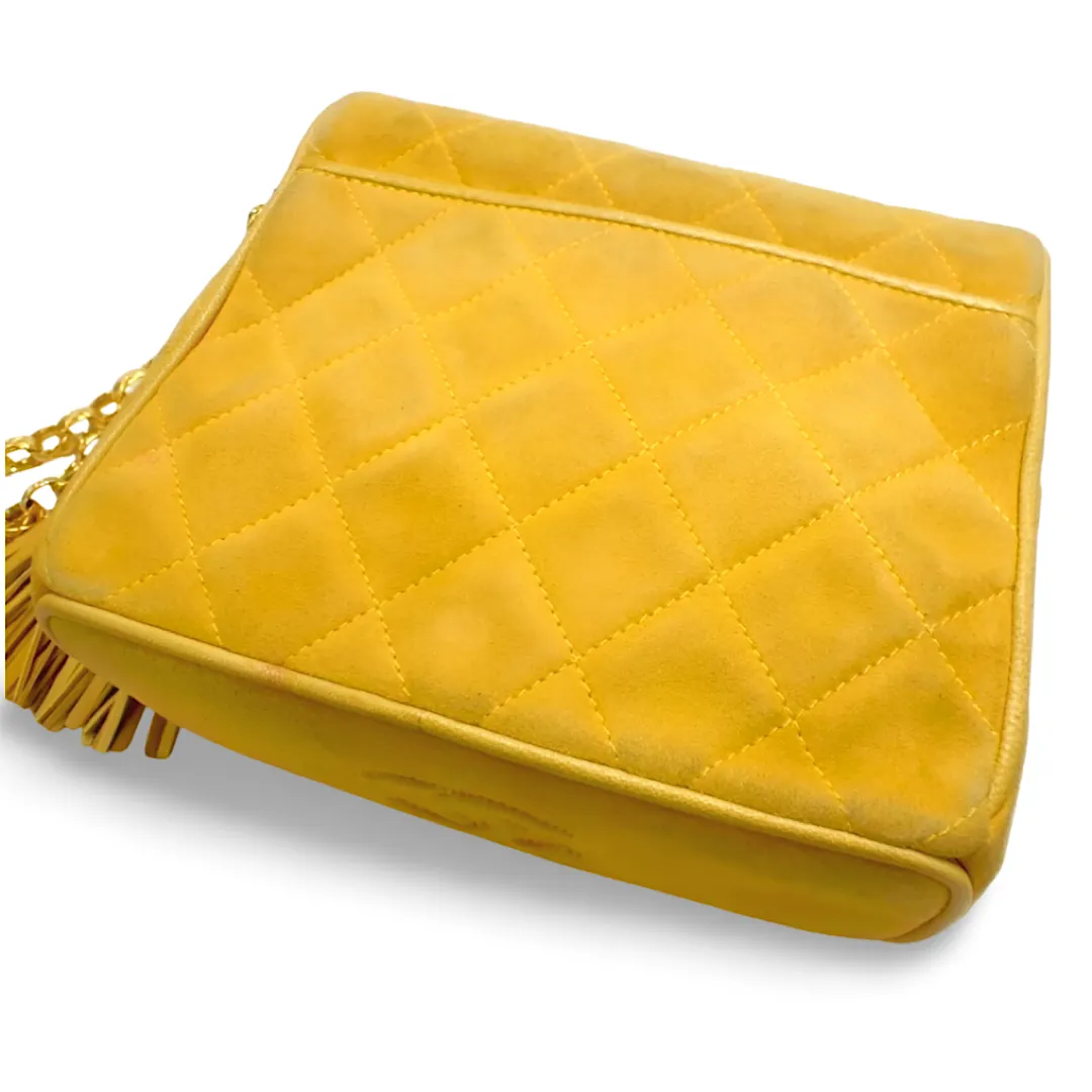 Vintage CHANEL yellow suede leather chain shoulder bag with CC tassel in lunchbox shape. 060910ac1