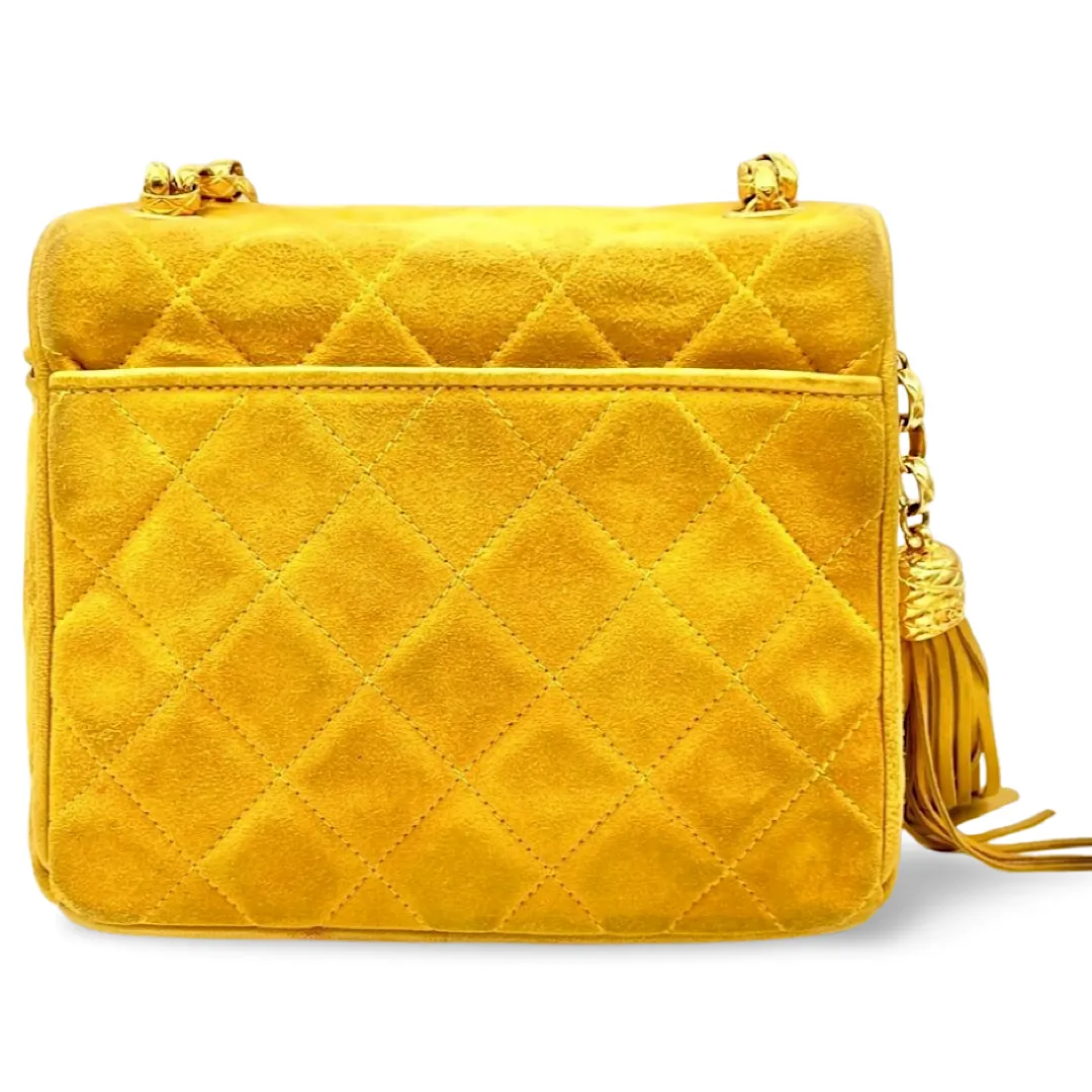 Vintage CHANEL yellow suede leather chain shoulder bag with CC tassel in lunchbox shape. 060910ac1