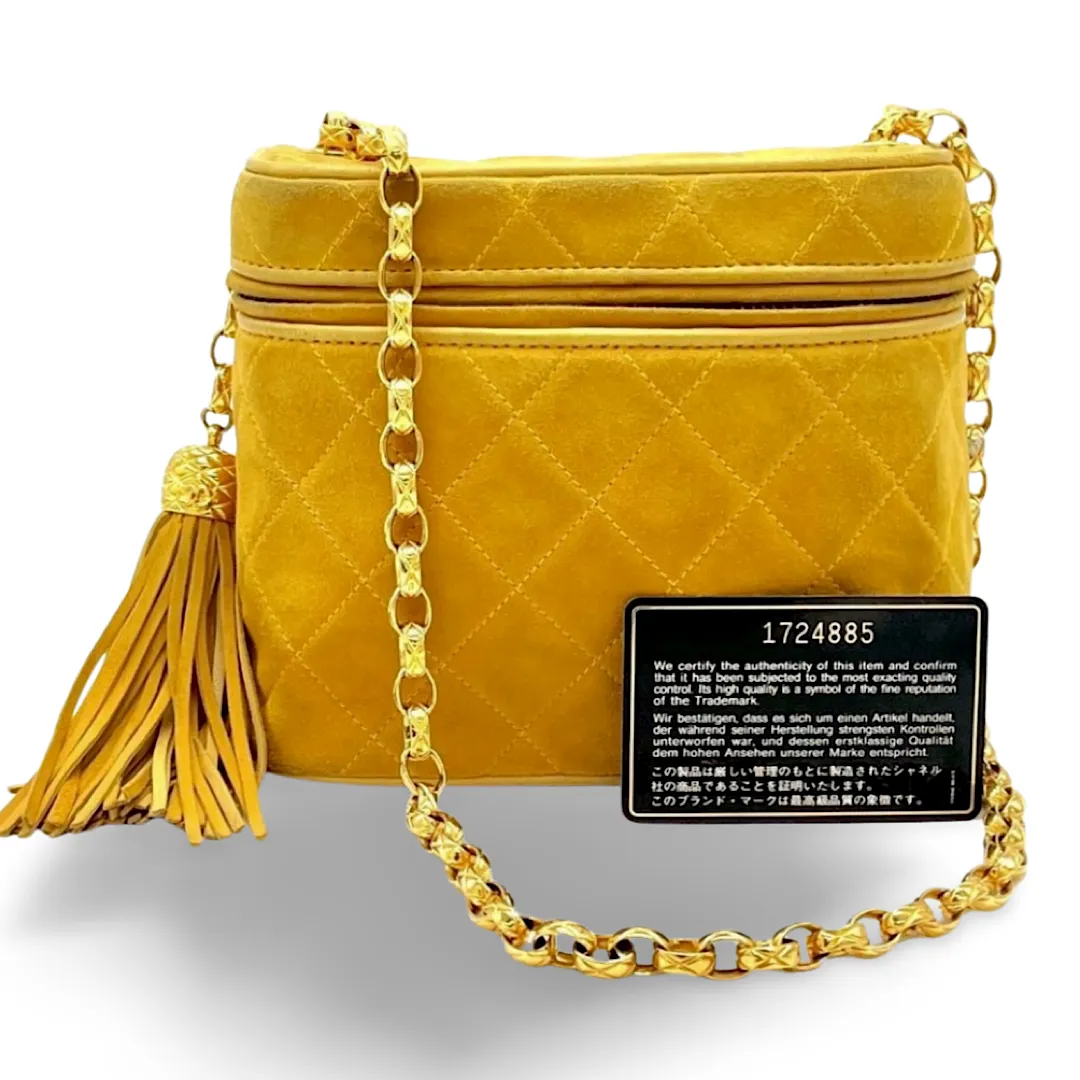 Vintage CHANEL yellow suede leather chain shoulder bag with CC tassel in lunchbox shape. 060910ac1