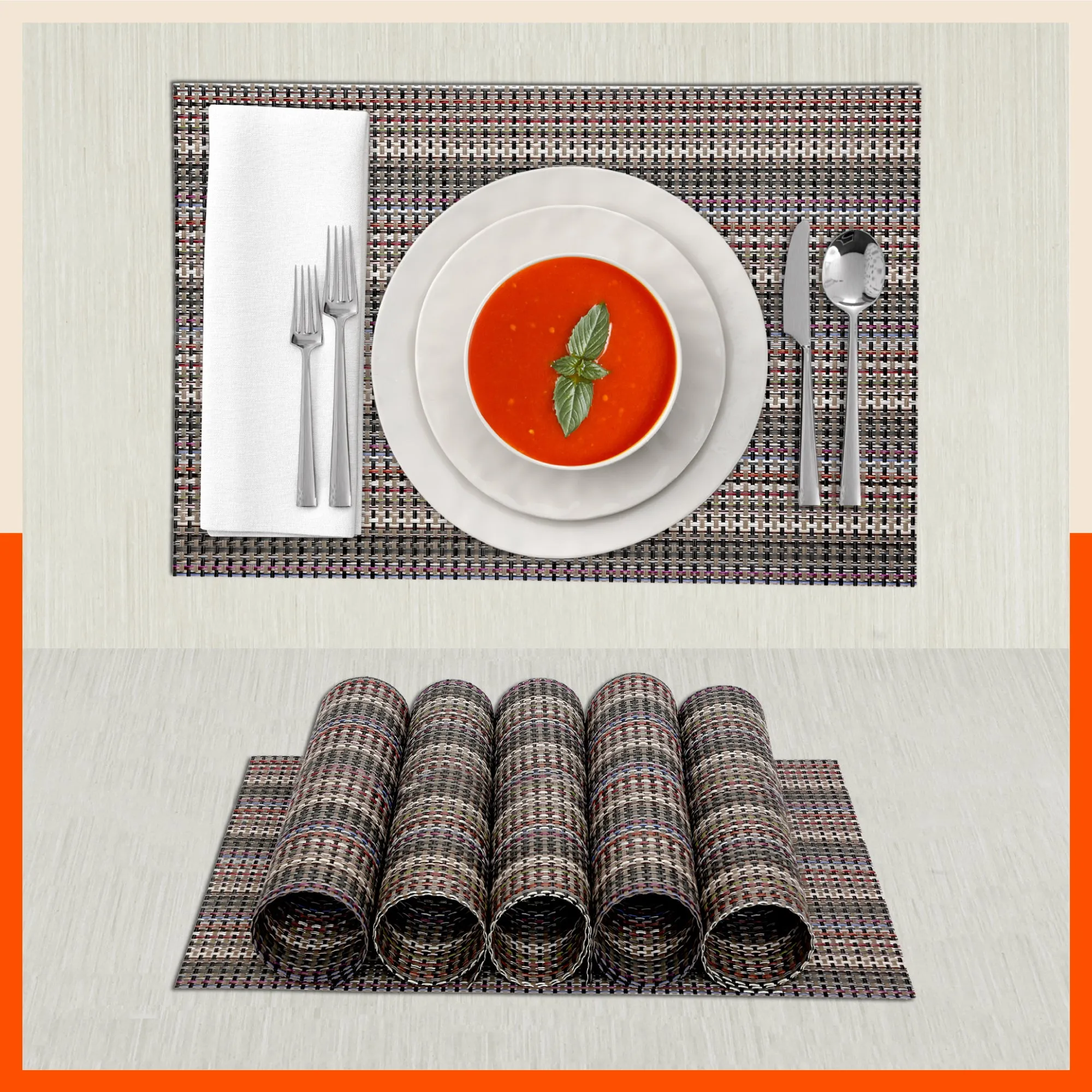 Woven PVC Table Mats / Placemats for Dining Table at Home (Bert - Set of 6)